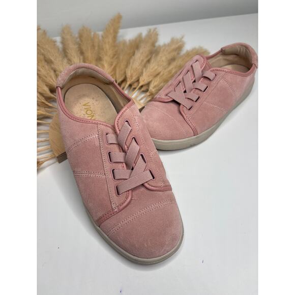 Vionic Jean Pink Suede Sneakers Size 6 Casual Comfort Shoes Elastic Lace Slip On - Picture 2 of 7
